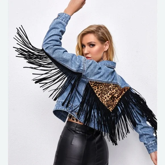 Shein Denim Fringe Jacket with Leopard Print - Picture 1 of 5